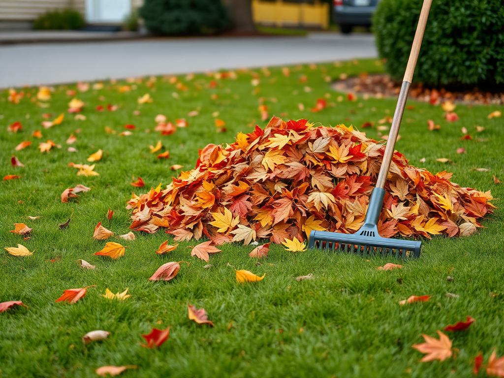 Tidy pile of raked autumn leaves on a green lawn with a rake